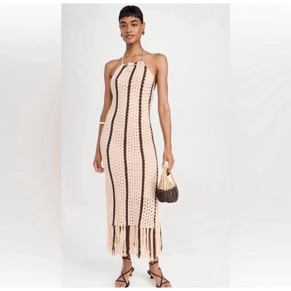 Moon River Brown Tan Striped Fringe Halter Sleeveless Midi Dress Boho Size S